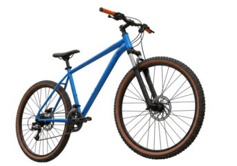Isolated blue mountain bicycle, two wheels, brake disc, orange grips, cycling, off-road adventure