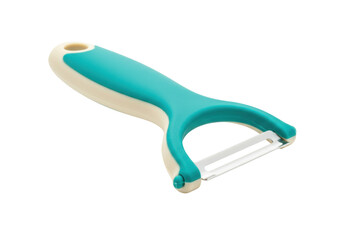 Isolated vegetable peeler with a teal handle designed for efficient food preparation