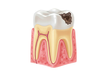 Isolated Cartoon illustration of a tooth with cavity and root canal disease, dental hygiene