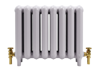 Isolated radiator with valves, painted with a soft color, providing warmth and energy-efficient heat
