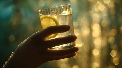 A hand is holding a glass filled with ice and a slice of lemon, creating a refreshing moment. The glass catches light, enhancing the vibrant colors and summer vibe of the scene.