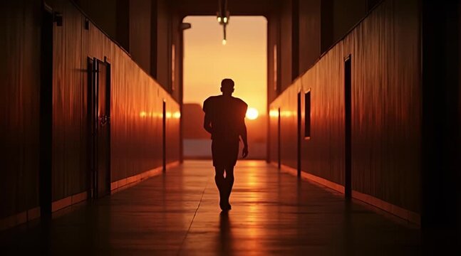 Silhouette of Athlete Walking Down Dramatic Corridor Towards Bright Sunset or Sunrise