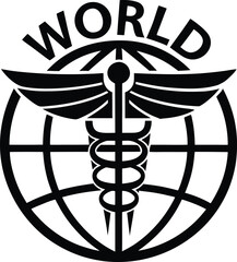 Global health symbol with medical cross and world map illustration