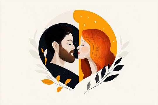 Bearded man and red haired woman face each other, appearing about to kiss with celestial and floral elements surrounding them.