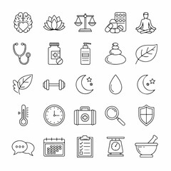 Set of 25 line icons related to wellness, wellbeing, mental health, healthcare, cosmetics, spa, medical. Outline icon collection. Editable stroke. Vector illustration