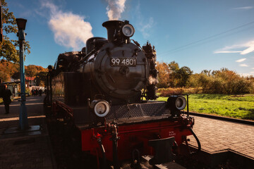 The historic "Rasender Roland" narrow-gauge steam locomotive stands at a rural station on the island of R&uuml;gen, Germany. Steam billows against a clear blue sky, framed by vibrant autumn foliage.