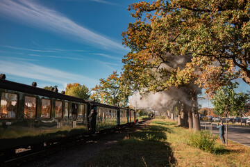 The historic "Rasender Roland" narrow-gauge steam locomotive stands at a rural station on the island of R&uuml;gen, Germany. Steam billows against a clear blue sky, framed by vibrant autumn foliage.