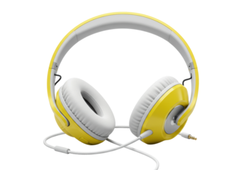 Isolated over-ear audio headphones in yellow color with a cable connected, for music enjoyment