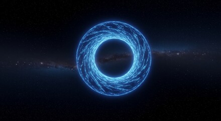Light blue ring-shaped object in deep space with faint galaxy. Abstract cosmic phenomenon against a backdrop of stars and nebulae.