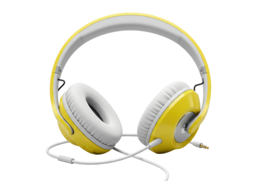 Isolated over-ear audio headphones in yellow color with a cable connected, for music enjoyment