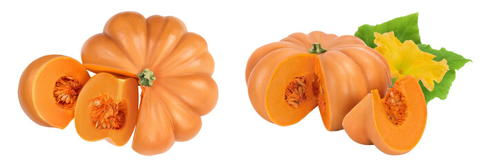 Fresh orange pumpkin isolated on white background with full depth of field. Top view. Flat lay