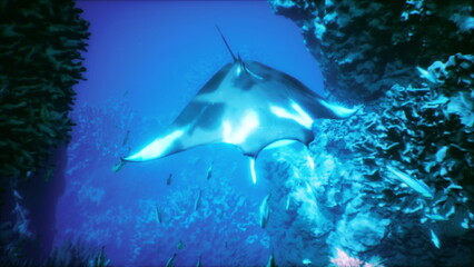 Obraz premium A manta ray gracefully swims through a colorful coral reef, surrounded by various tropical fish and vibrant marine life, showcasing the beauty of underwater ecosystems.