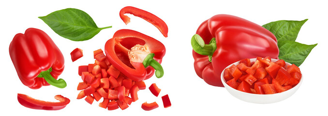 diced of red sweet bell pepper isolated on white background. Top view. Flat lay