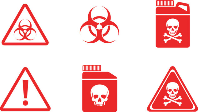 Red Hazard Warning Signs Set with Biohazard, Skull and Crossbones, and General Danger Symbols Vector.
