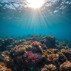 Obraz premium Sunlit Turquoise Coral Reef with Orange Fish