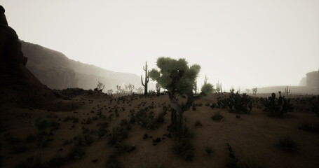 Naklejka premium A tranquil desert landscape unfolds at dusk, featuring cacti and rocky formations under a misty atmosphere. The silhouette of the environment creates an eerie yet captivating mood.