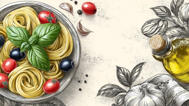 Enjoy the vibrant art of a hand drawn poster featuring a bowl of pasta with fresh basil, olives, and cherry tomatoes, accompanied by a bottle of olive oil, perfect for any kitchen or dining space - Powered by Adobe