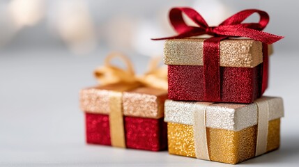 Stack of festive glittery gift boxes with ribbons on light background