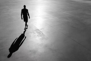 Silhouette of basketball player walking across court casting long shadow, minimal black and white sports concept with strong light contrast