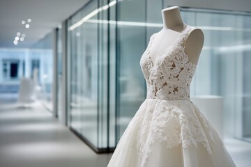 Luxurious white wedding dress on mannequin in bright modern bridal boutique showroom