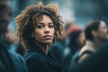 Portrait of thoughtful young woman in crowd, focused expression, city street atmosphere