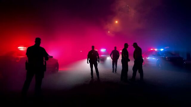 Police officers standing in heavy night fog surrounded by flashing red and blue patrol lights, creating a tense dramatic scene on a dark urban street