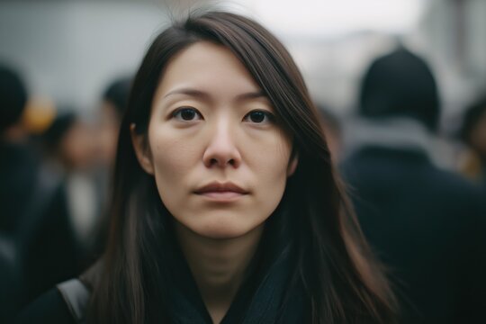 Focused portrait of Asian woman standing still in a busy crowd, introspective expression - Powered by Adobe