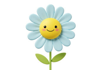 Isolated daisy flower cartoon character with face, yellow center, soft blue petals, bright smile