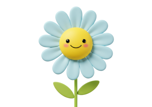 Isolated daisy flower cartoon character with face, yellow center, soft blue petals, bright smile