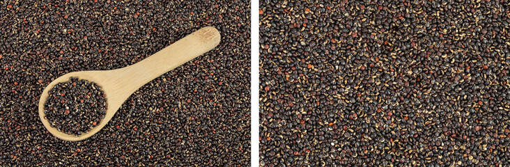 black quinoa in wooden spoon as a background. Top view. Flat lay