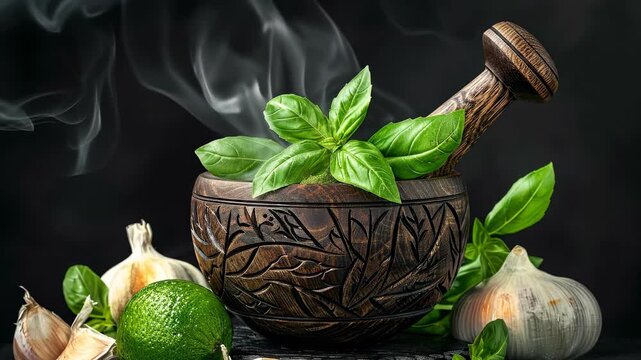 Making basil sauce in mortar. Fresh basil leaves and garlic are being ground in a carved wooden mortar, creating a flavorful sauce.