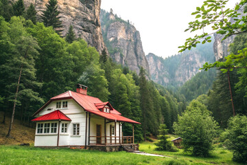 Quaint wooden cabin in lush forest