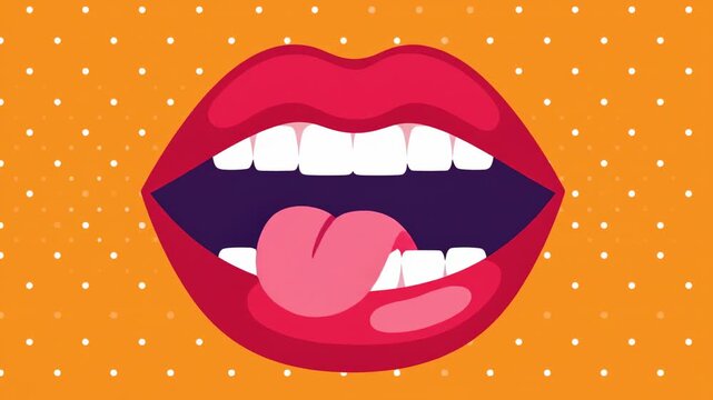 Animated female mouth with red lipstick talking, shouting, smiling, and licking lips against a yellow and orange pop art background with polka dots, perfect for lip syncing