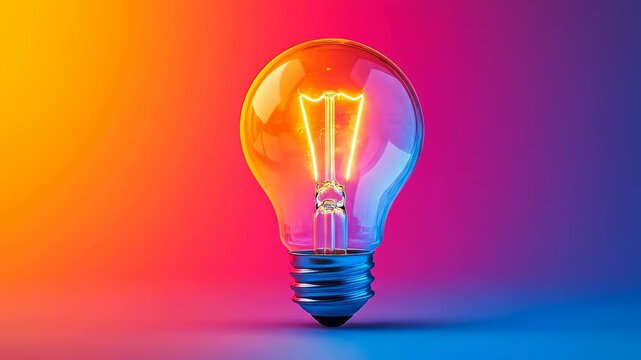 Bright bulb shines in vibrant colors. A glowing light bulb emits vivid colors against a colorful gradient background, creating a striking visual display.