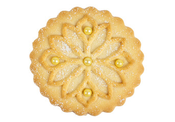 Isolated sugar cookie with frosting and sprinkles of confectioners sugar for holiday treat