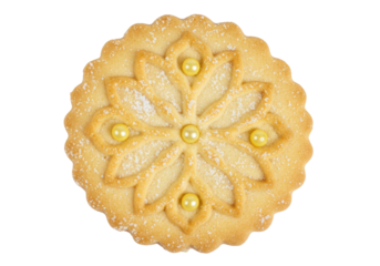 Isolated sugar cookie with frosting and sprinkles of confectioners sugar for holiday treat