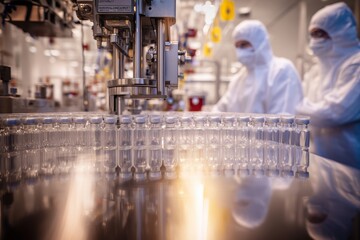 Pharmaceutical Vaccine Production in Modern Laboratory. Automated laboratory innovations in pharmaceutical manufacturing cleanroom biotechnology enhancements. High quality