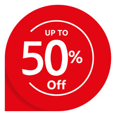 Up to 50 percent off promotional red circular badge design. Vector sticker for retail promotion, limited time offers, and super sales. Isolated PNG asset.