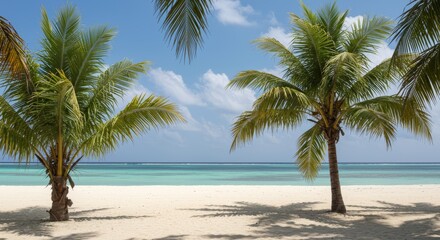 Fototapeta premium Tropical beach scene with vibrant palm trees casting shadows on the white sand. Relaxing vista with turquoise water and clear blue sky.