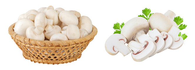Fresh mushroom champignon in a wicker basket isolated on white background