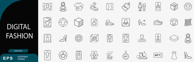 Digital fashion line vector icon set virtual clothing nft symbol