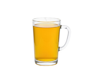 Isolated glass mug containing golden yellow beverage for drinking, studio shot of tea