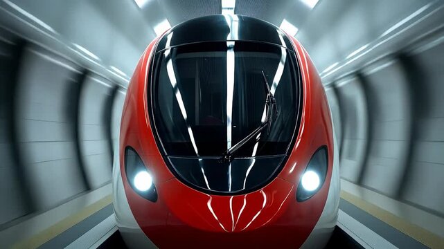 Bright red train moving through a tunnel. A bright red train speeds through a modern underground tunnel with sleek designs and bright lights.