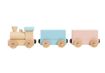 Isolated wooden toy train locomotive pulling blue and pink wagons, bright and colorful toys © Natasha