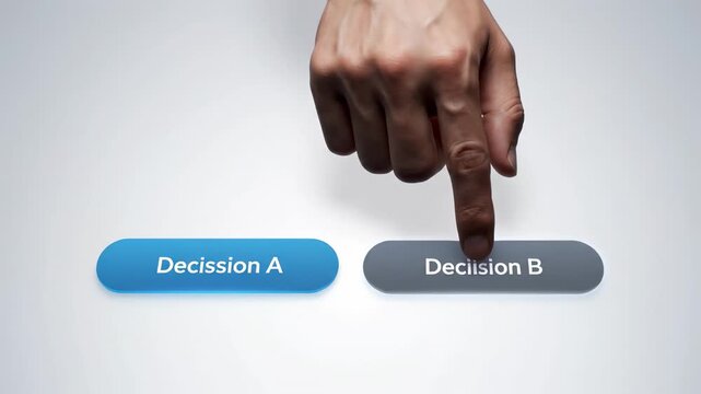 Conceptual animation showing a finger hesitating between two buttons before finally choosing option b. Representing the difficulty of decision making. Choice paralysis. And the fear of better options