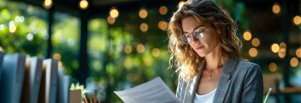 Young woman reading documents in a bright office environment - Powered by Adobe