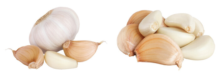 unpeeled whole garlic and cloves isolated on white background close up