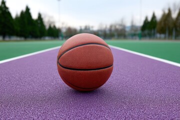 Basketball Court Ready: A solitary basketball rests prominently on a vibrant purple court, inviting the viewer into a space of anticipation, readiness, and the love for the game.
