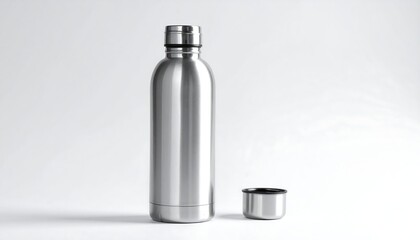 Sleek, metallic water bottle stands with lid beside it against a bright white backdrop, highlighting minimalism