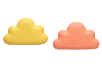 Isolated pair of cartoon cloud-shaped objects one yellow and one salmon color, whimsical design